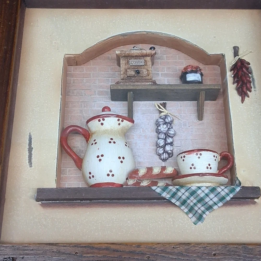 Country kitchen diorama shadow‎ box featuring coffee/tea miniatures